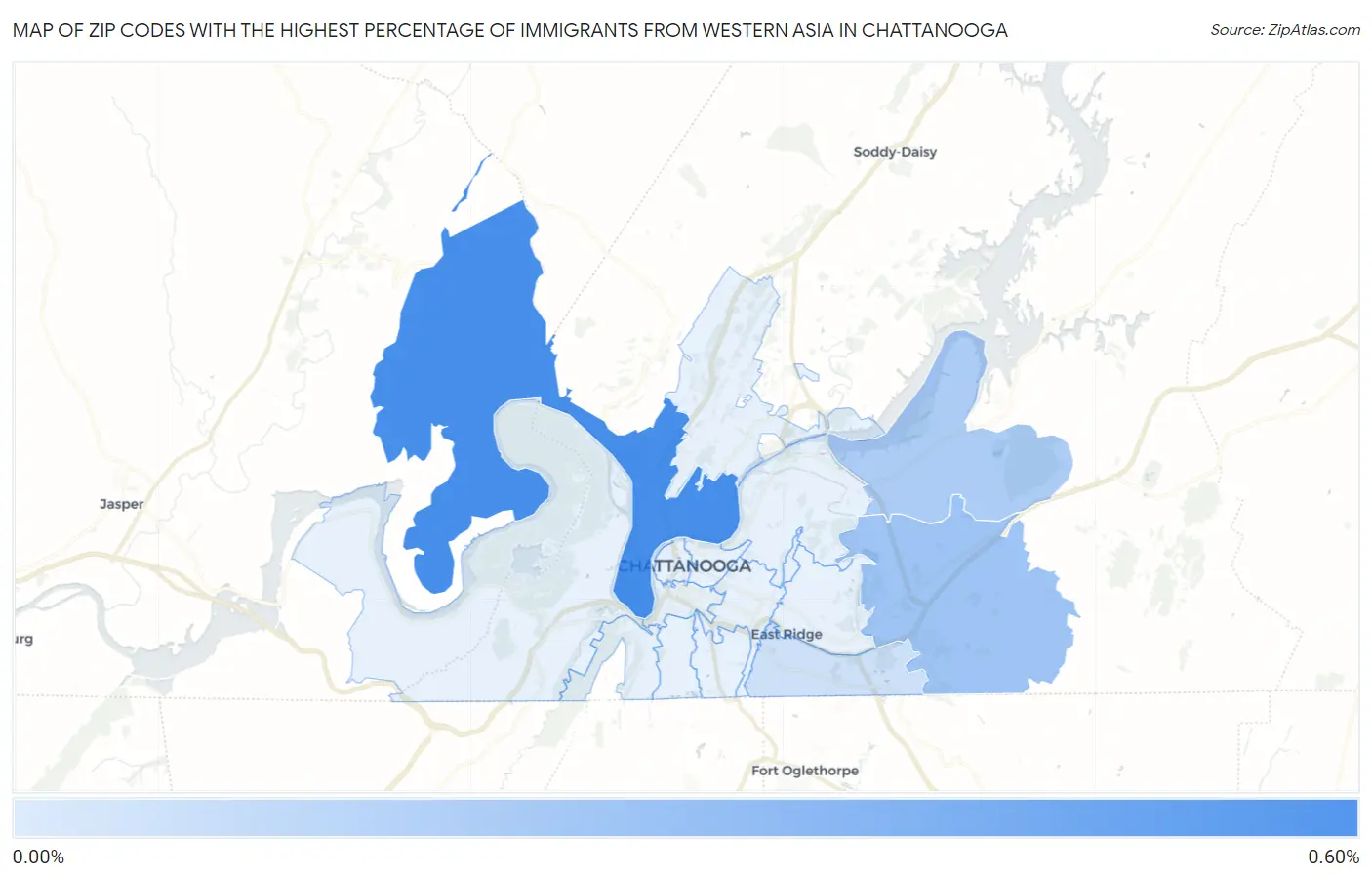 Zip Codes with the Highest Percentage of Immigrants from Western Asia in Chattanooga Map