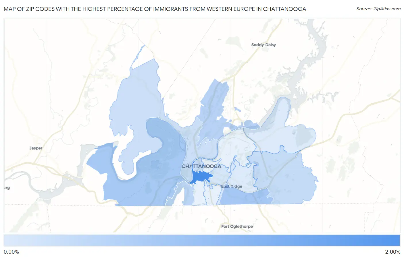 Zip Codes with the Highest Percentage of Immigrants from Western Europe in Chattanooga Map
