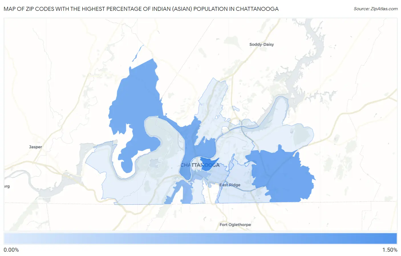 Zip Codes with the Highest Percentage of Indian (Asian) Population in Chattanooga Map