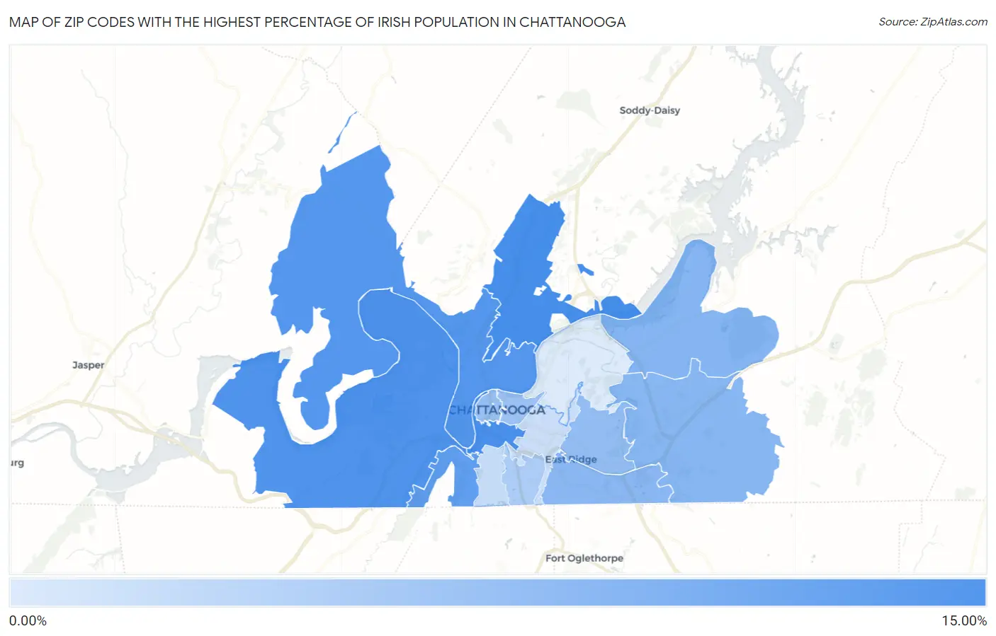 Zip Codes with the Highest Percentage of Irish Population in Chattanooga Map