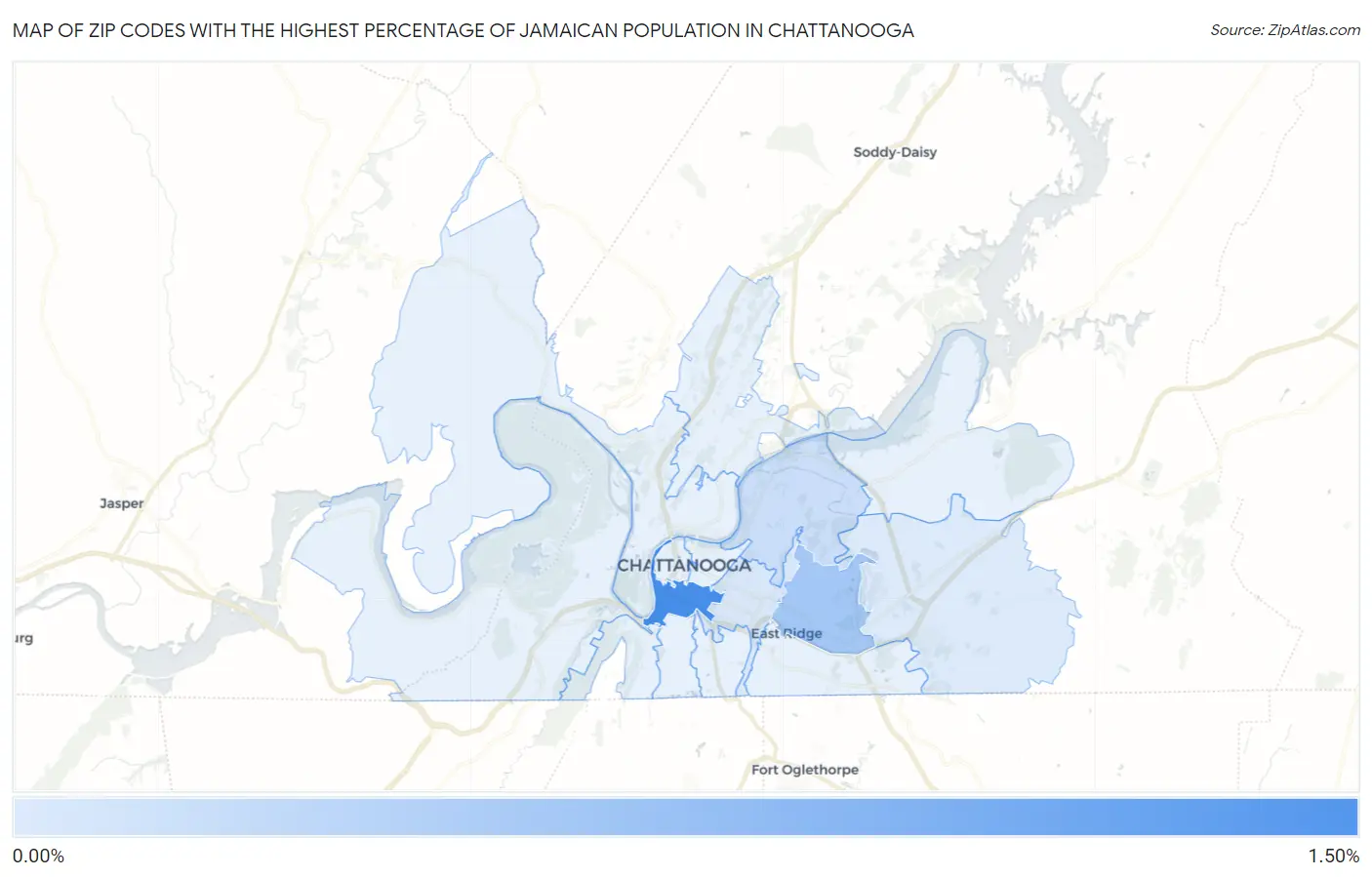 Zip Codes with the Highest Percentage of Jamaican Population in Chattanooga Map