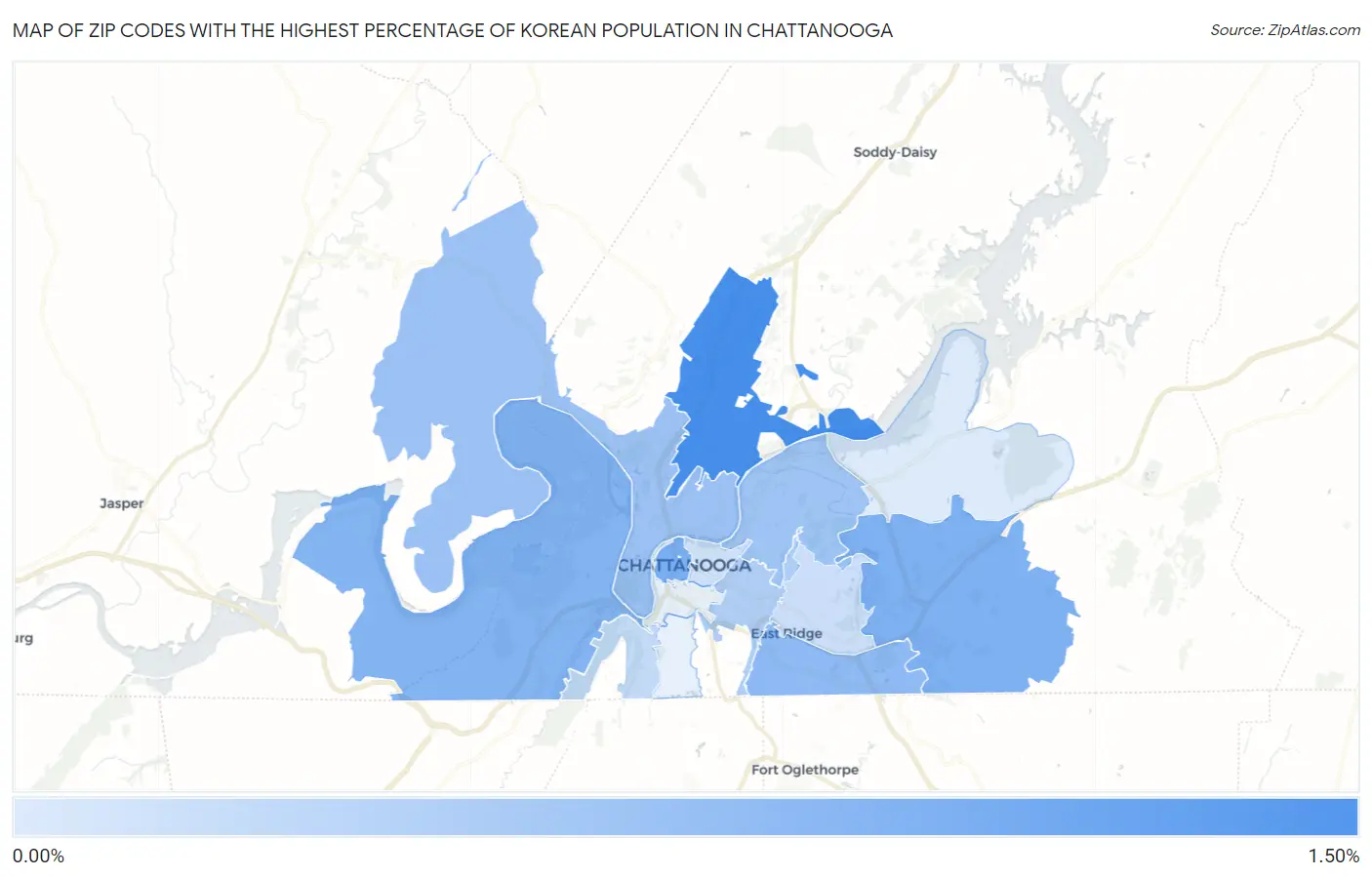 Zip Codes with the Highest Percentage of Korean Population in Chattanooga Map