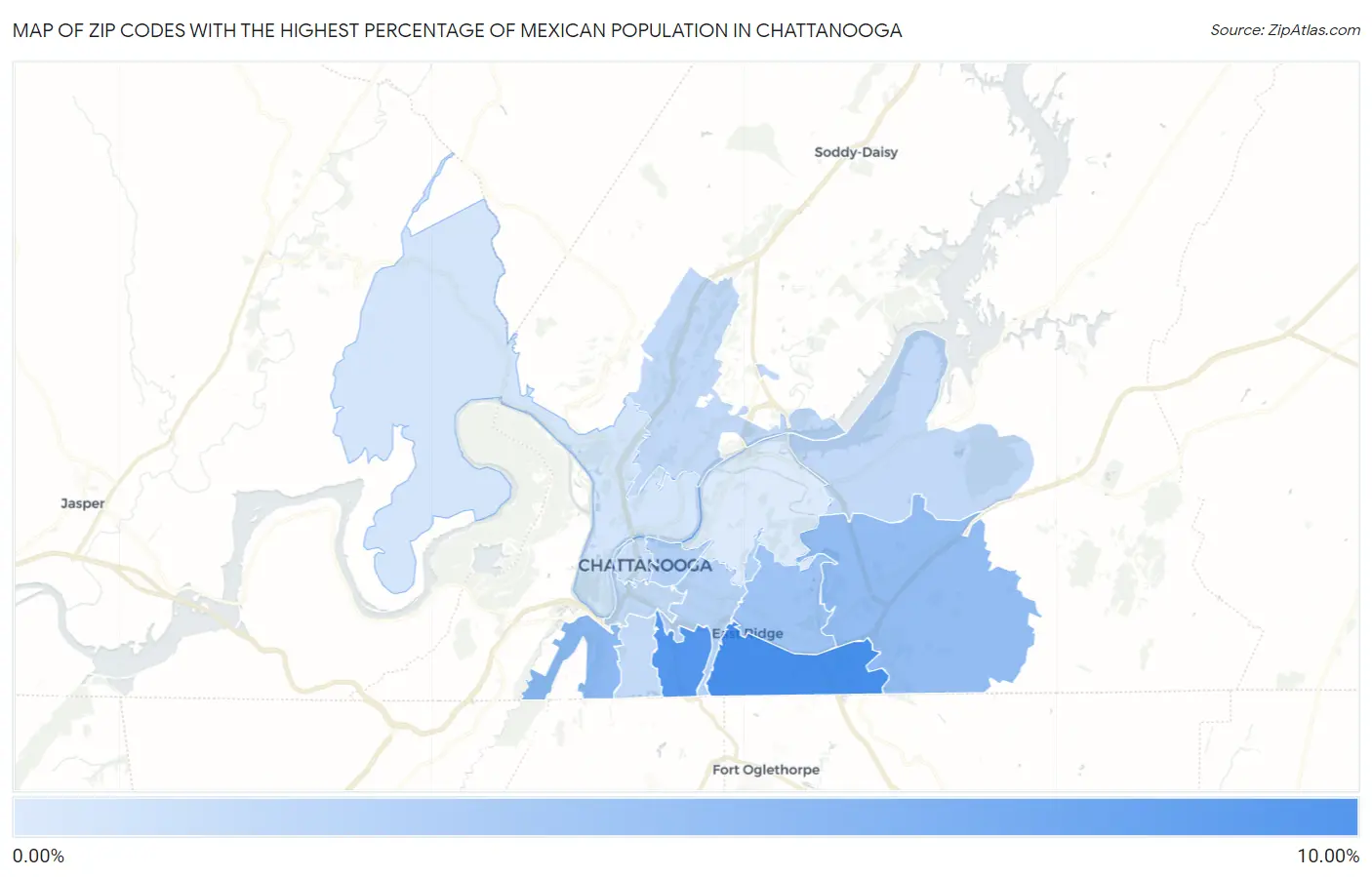 Zip Codes with the Highest Percentage of Mexican Population in Chattanooga Map