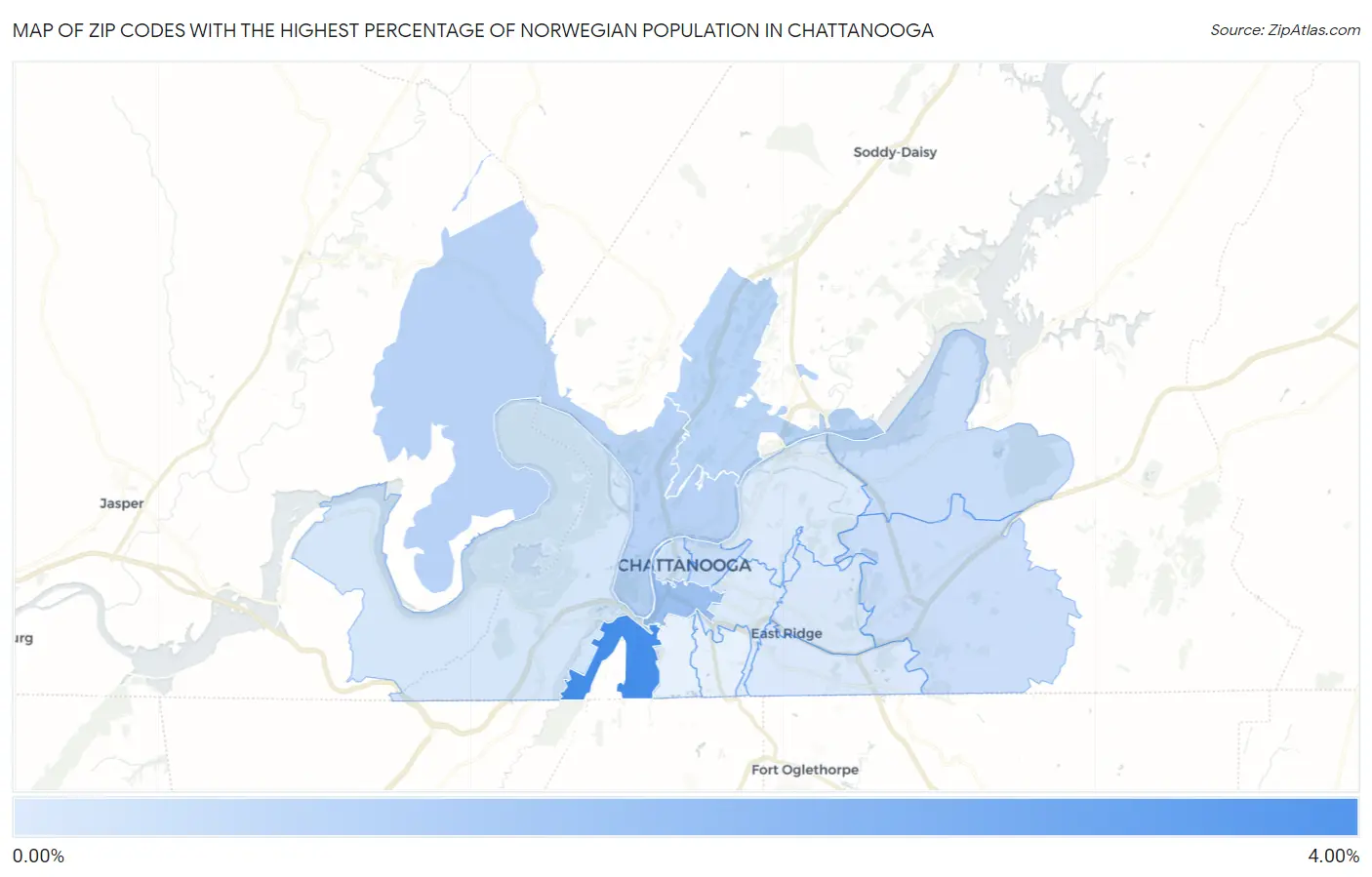 Zip Codes with the Highest Percentage of Norwegian Population in Chattanooga Map
