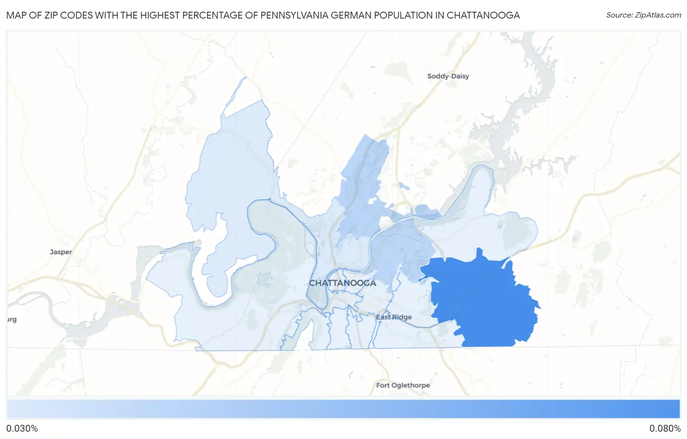 Zip Codes with the Highest Percentage of Pennsylvania German Population in Chattanooga Map