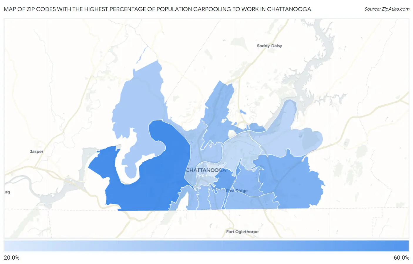 Zip Codes with the Highest Percentage of Population Carpooling to Work in Chattanooga Map