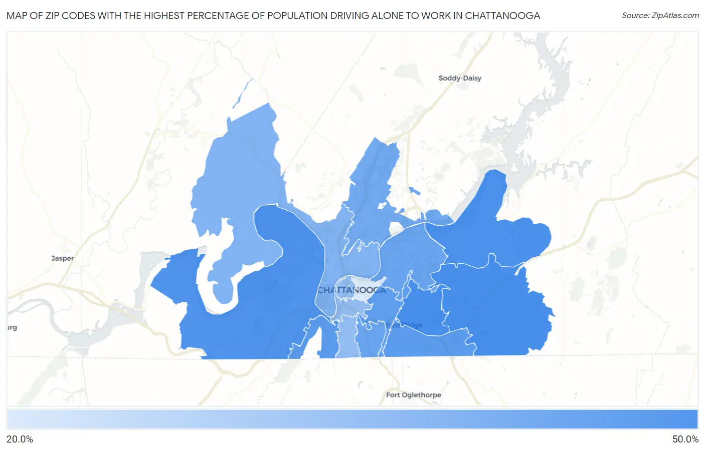 Zip Codes with the Highest Percentage of Population Driving Alone to Work in Chattanooga Map