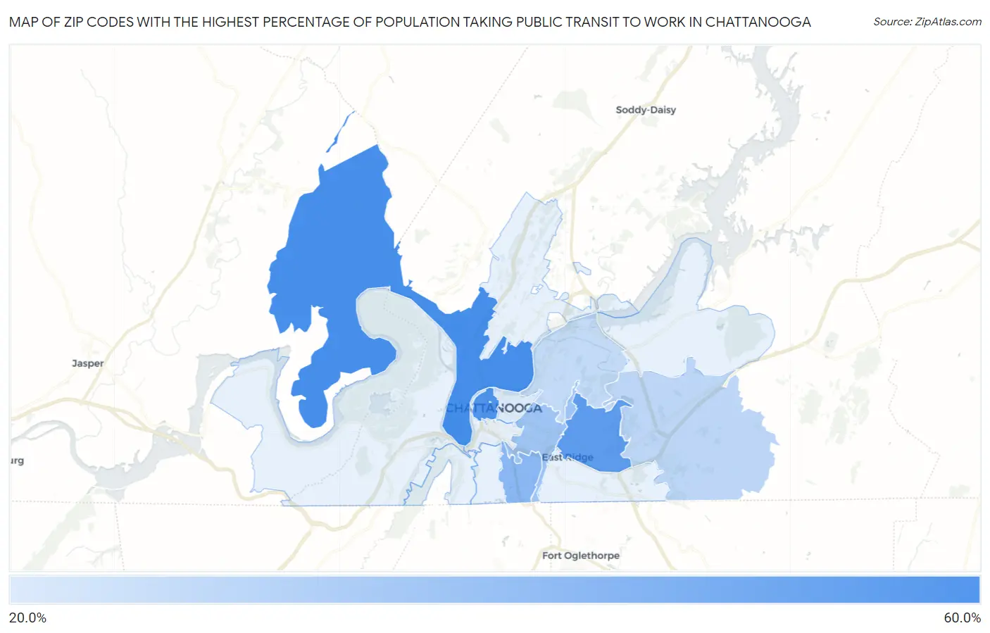Zip Codes with the Highest Percentage of Population Taking Public Transit to Work in Chattanooga Map