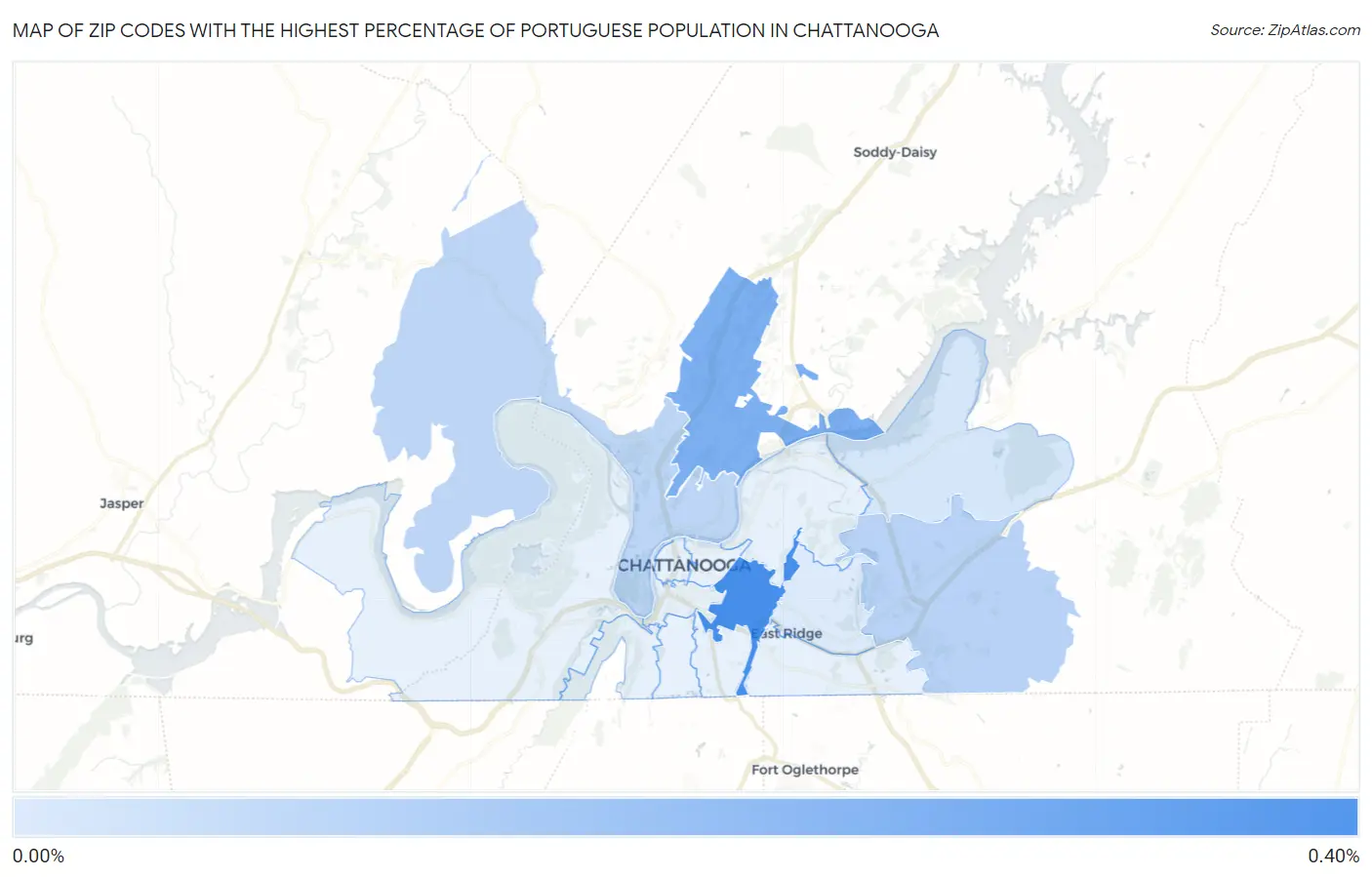 Zip Codes with the Highest Percentage of Portuguese Population in Chattanooga Map