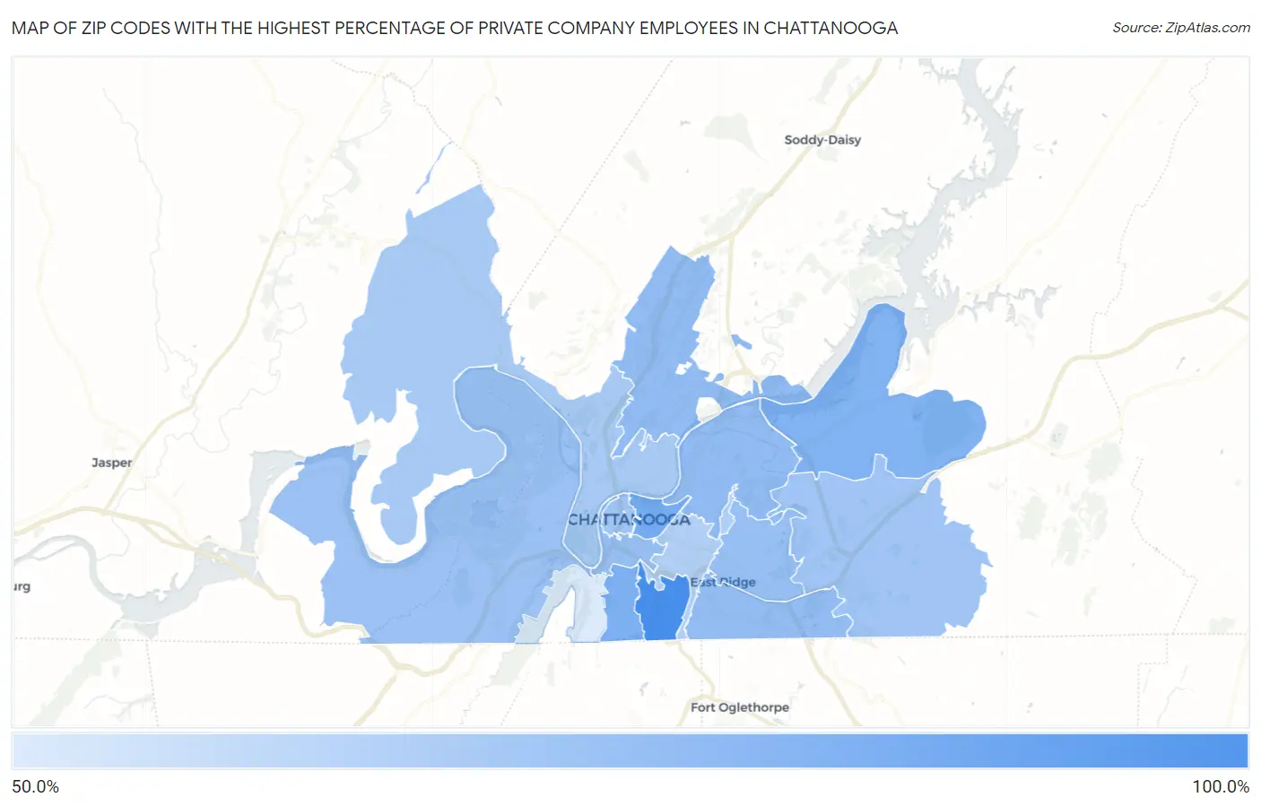 Zip Codes with the Highest Percentage of Private Company Employees in Chattanooga Map