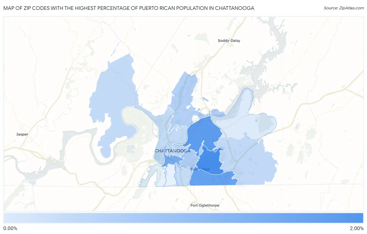 Zip Codes with the Highest Percentage of Puerto Rican Population in Chattanooga Map