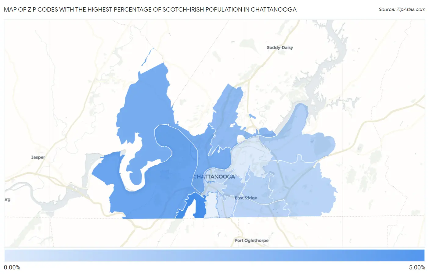 Zip Codes with the Highest Percentage of Scotch-Irish Population in Chattanooga Map