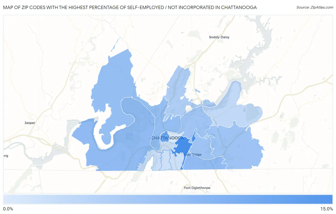 Zip Codes with the Highest Percentage of Self-Employed / Not Incorporated in Chattanooga Map