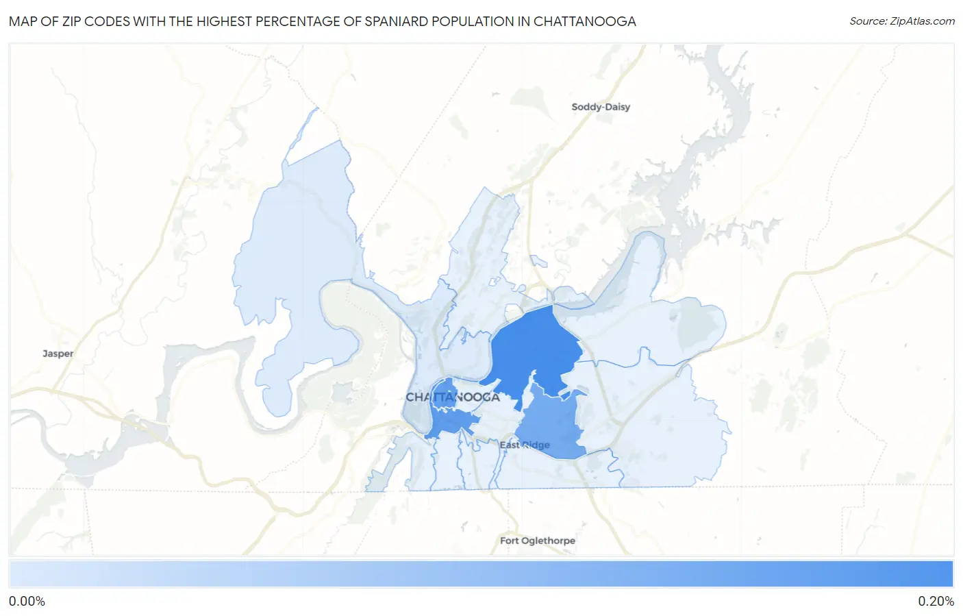 Zip Codes with the Highest Percentage of Spaniard Population in Chattanooga Map