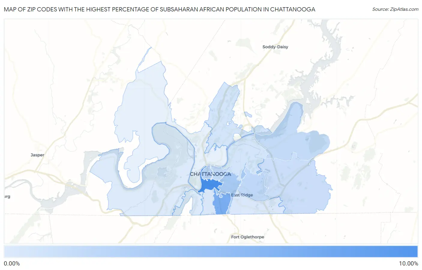 Zip Codes with the Highest Percentage of Subsaharan African Population in Chattanooga Map