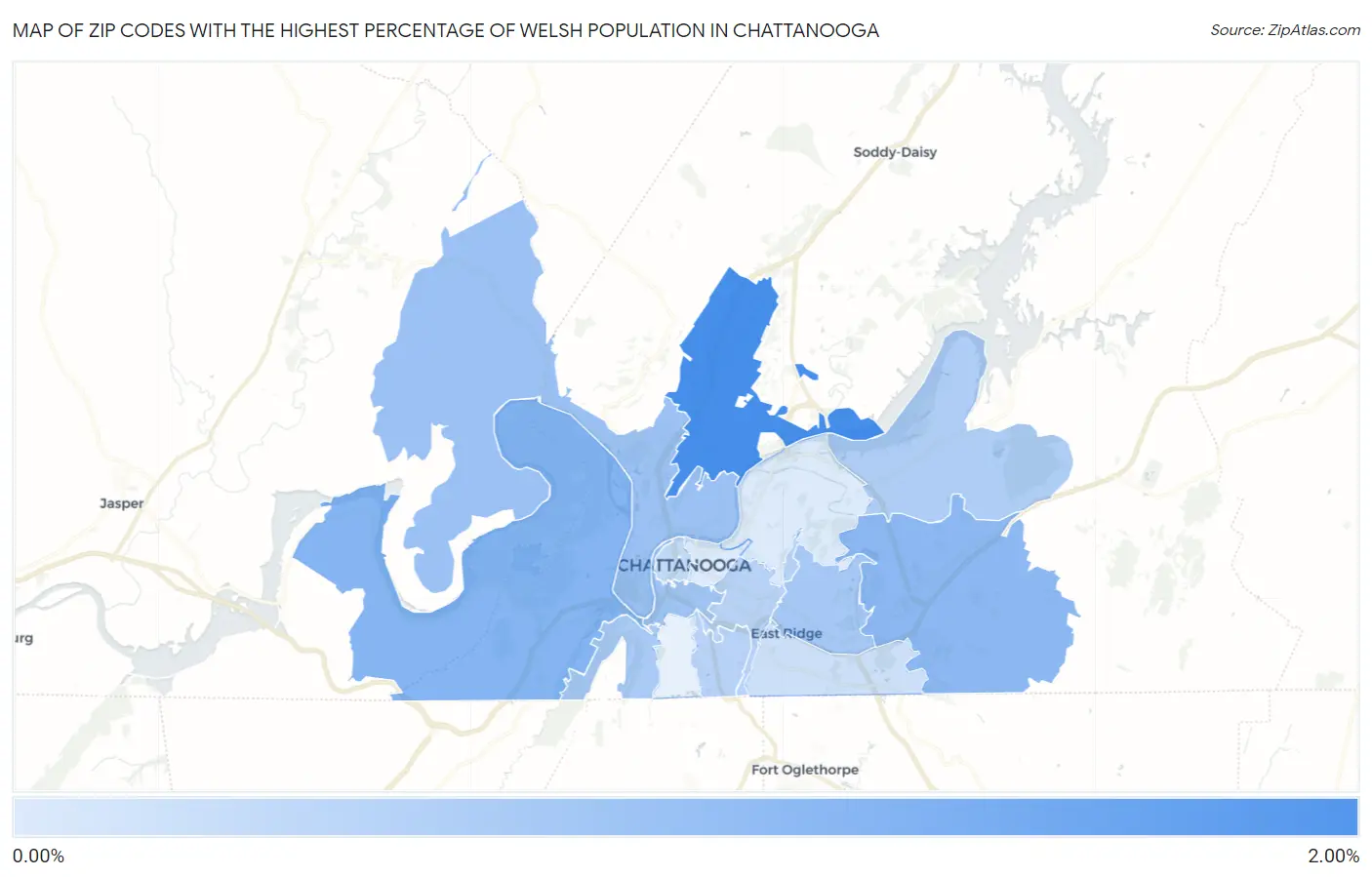 Zip Codes with the Highest Percentage of Welsh Population in Chattanooga Map