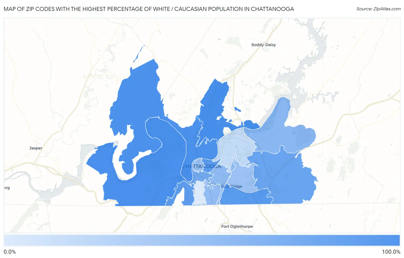 Zip Codes with the Highest Percentage of White / Caucasian Population in Chattanooga Map