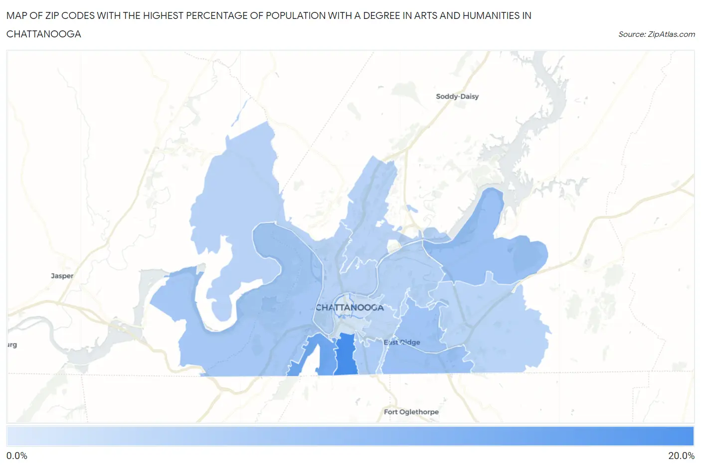 Zip Codes with the Highest Percentage of Population with a Degree in Arts and Humanities in Chattanooga Map