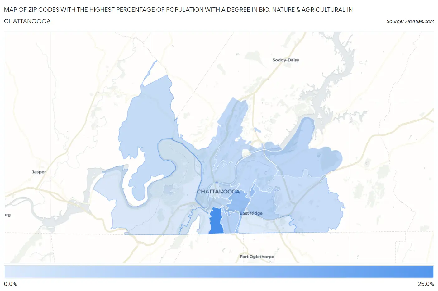 Zip Codes with the Highest Percentage of Population with a Degree in Bio, Nature & Agricultural in Chattanooga Map
