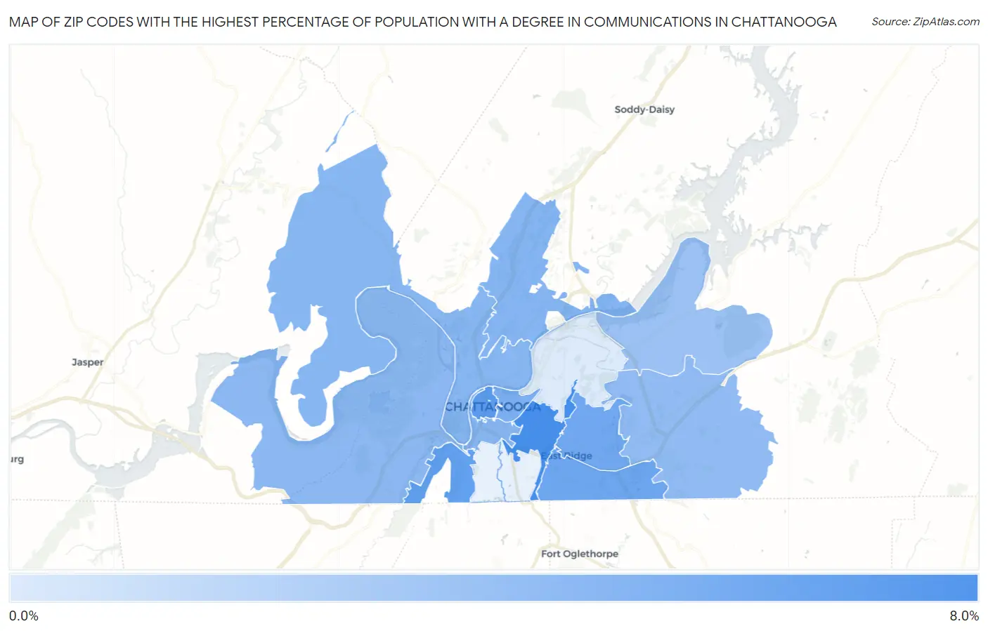 Zip Codes with the Highest Percentage of Population with a Degree in Communications in Chattanooga Map
