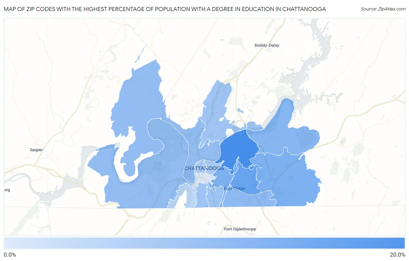 Zip Codes with the Highest Percentage of Population with a Degree in Education in Chattanooga Map