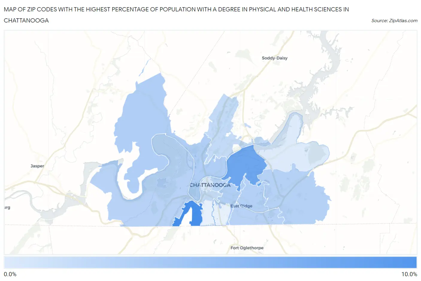 Zip Codes with the Highest Percentage of Population with a Degree in Physical and Health Sciences in Chattanooga Map