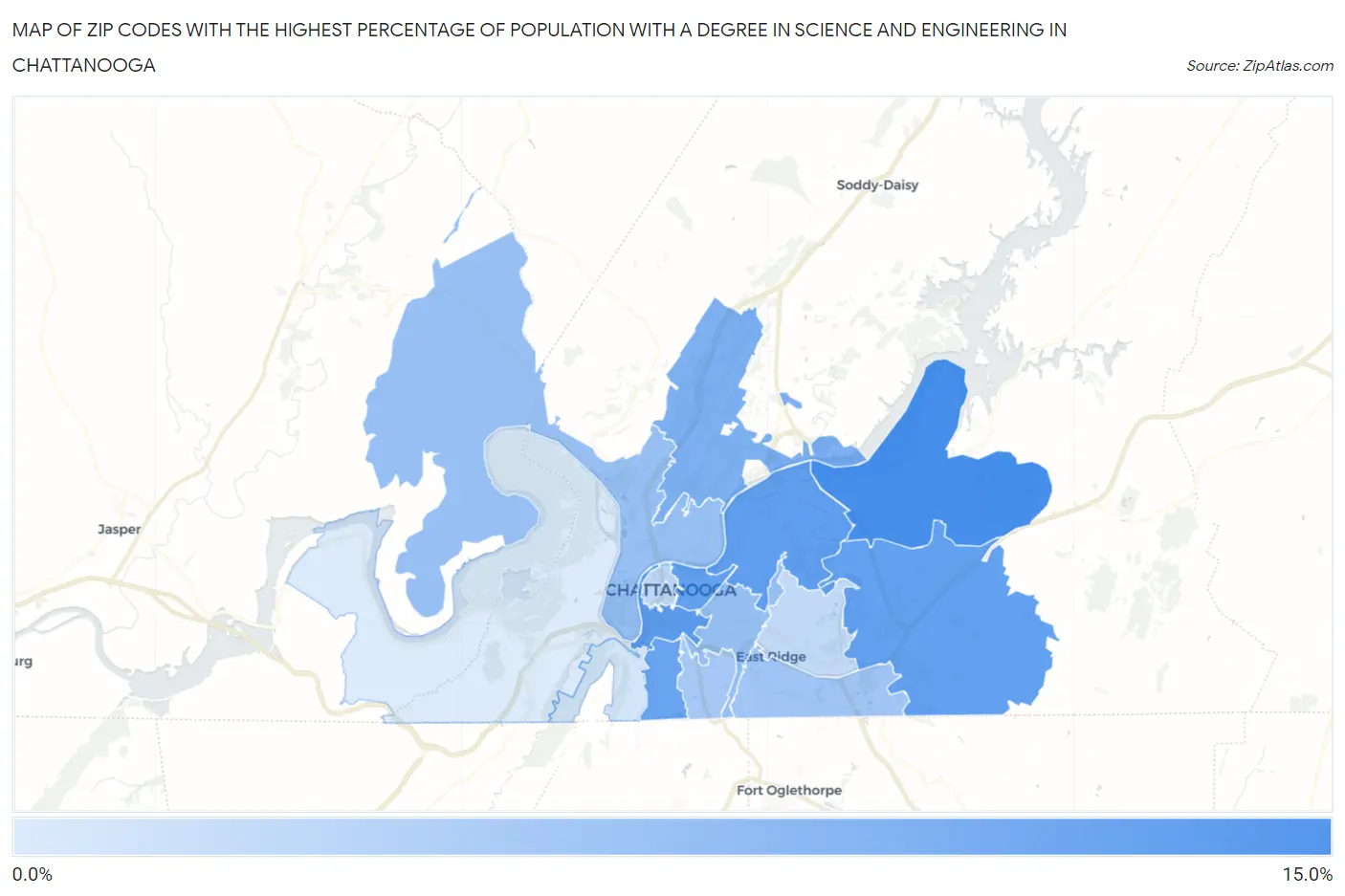 Zip Codes with the Highest Percentage of Population with a Degree in Science and Engineering in Chattanooga Map