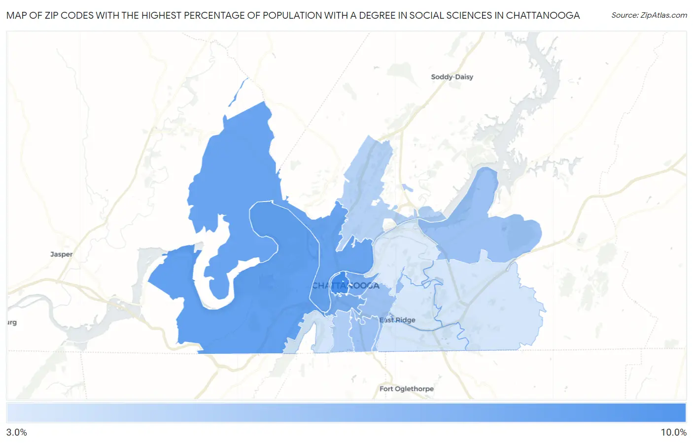 Zip Codes with the Highest Percentage of Population with a Degree in Social Sciences in Chattanooga Map