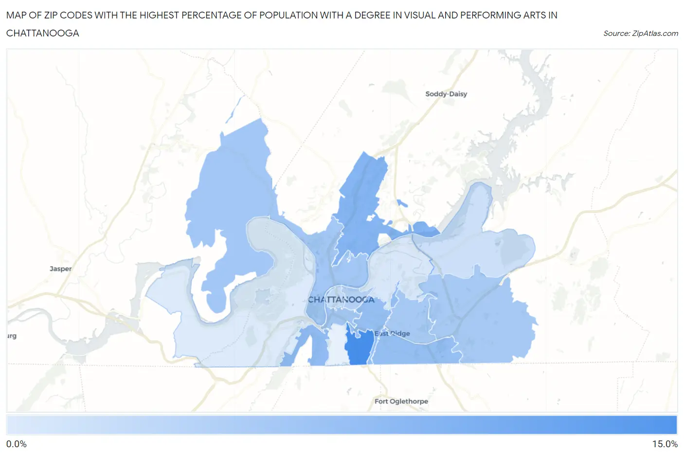 Zip Codes with the Highest Percentage of Population with a Degree in Visual and Performing Arts in Chattanooga Map