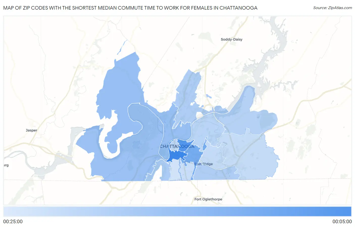 Zip Codes with the Shortest Median Commute Time to Work for Females in Chattanooga Map