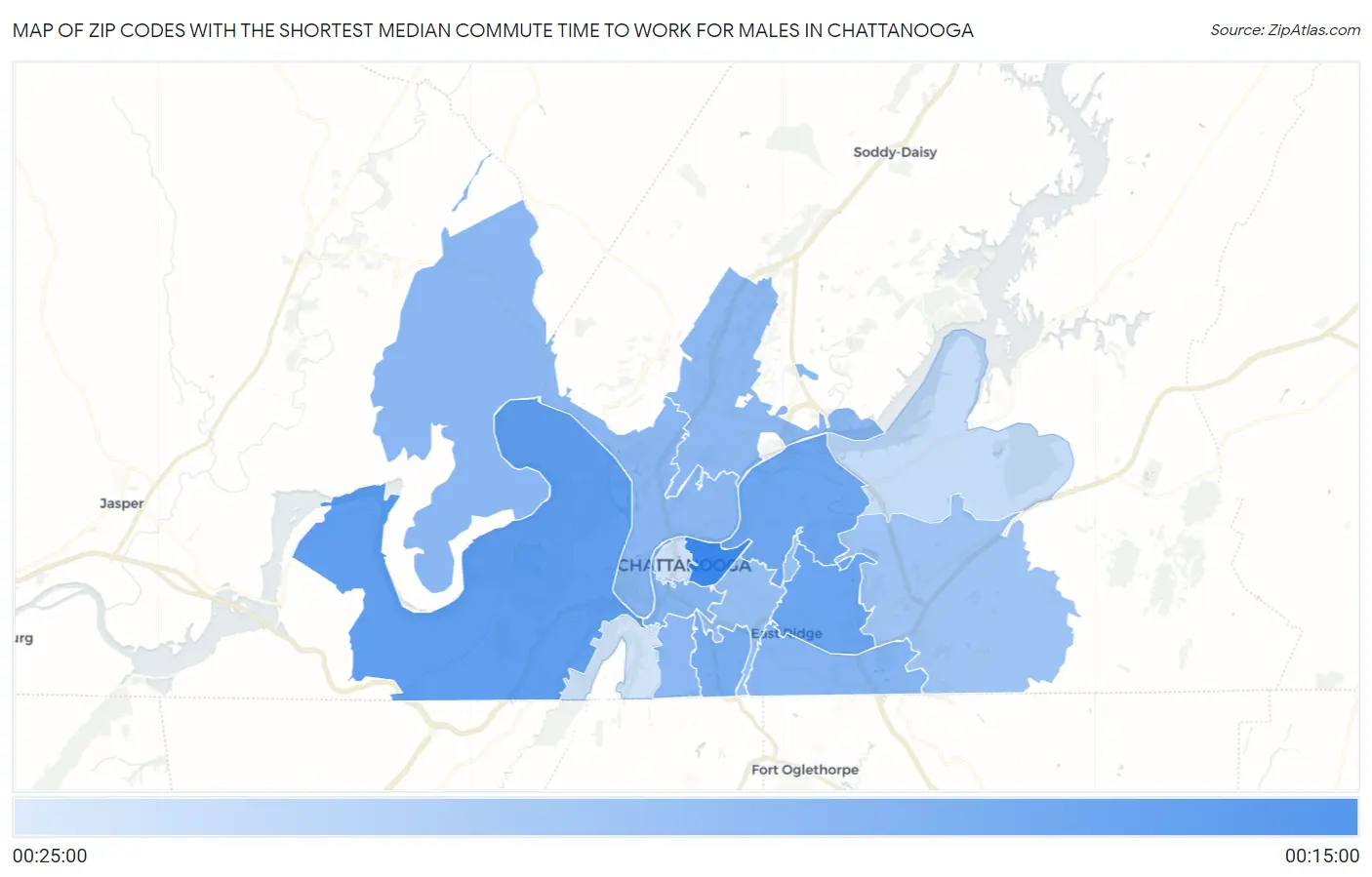 Zip Codes with the Shortest Median Commute Time to Work for Males in Chattanooga Map
