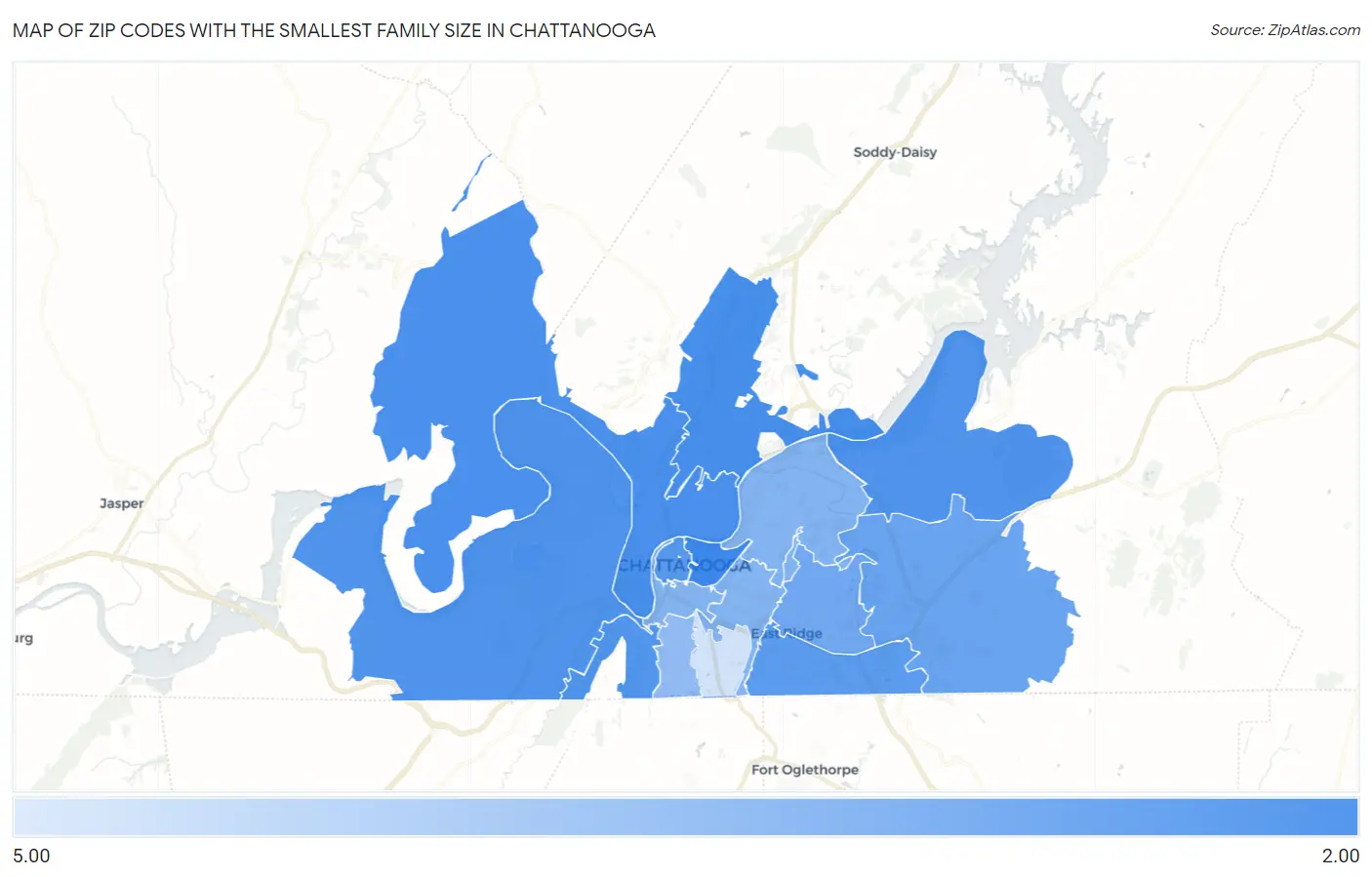 Zip Codes with the Smallest Family Size in Chattanooga Map