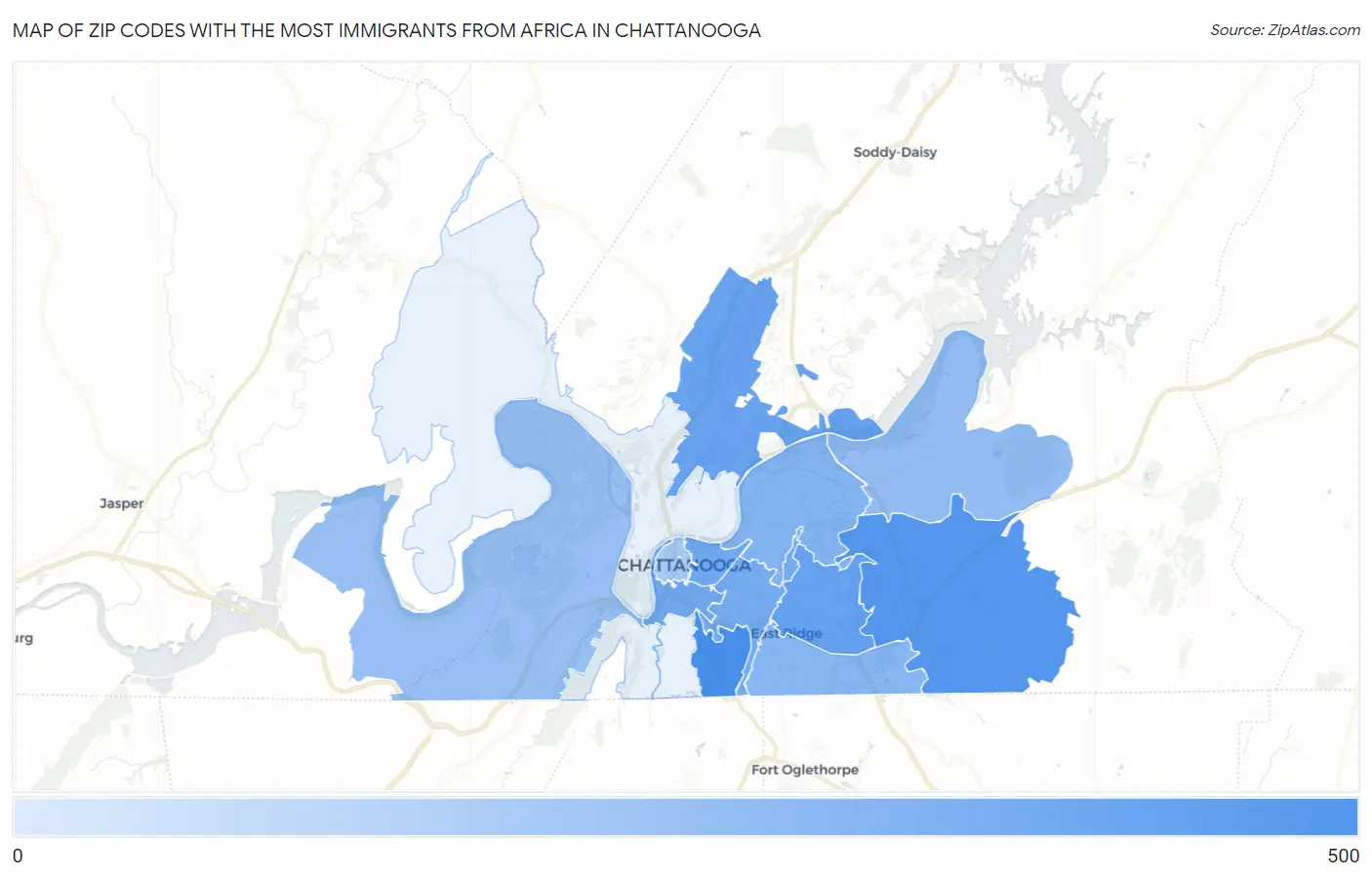 Zip Codes with the Most Immigrants from Africa in Chattanooga Map