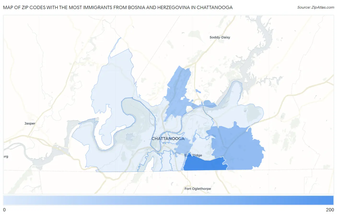 Zip Codes with the Most Immigrants from Bosnia and Herzegovina in Chattanooga Map