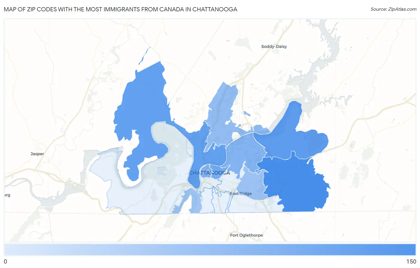Zip Codes with the Most Immigrants from Canada in Chattanooga Map