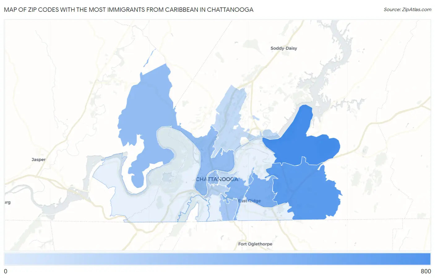 Zip Codes with the Most Immigrants from Caribbean in Chattanooga Map