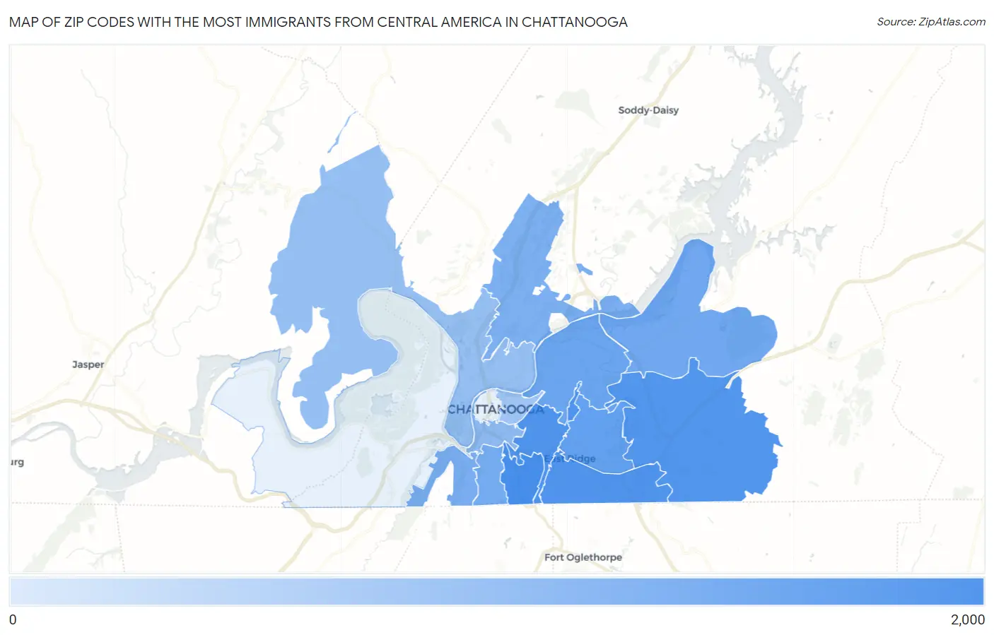 Zip Codes with the Most Immigrants from Central America in Chattanooga Map