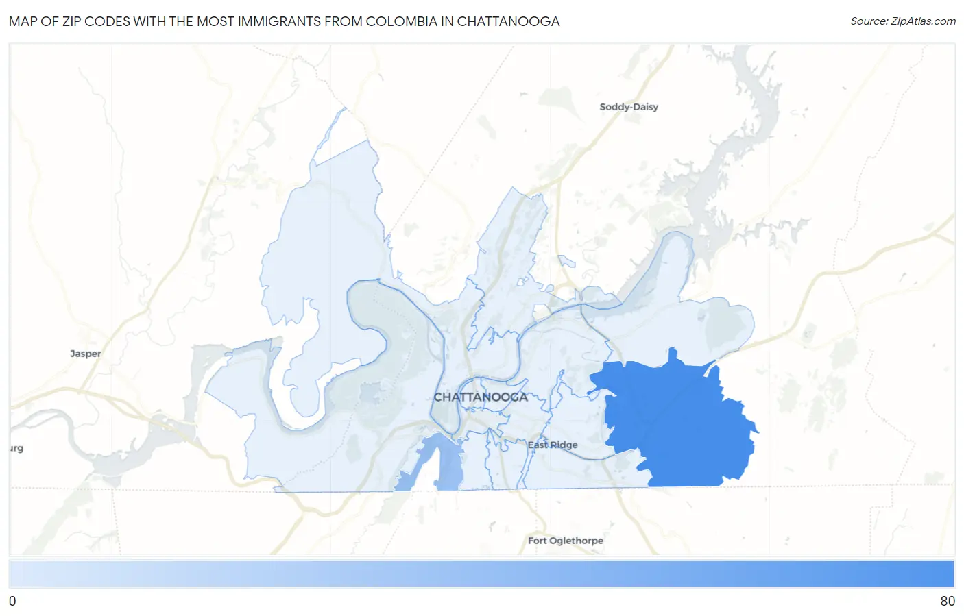 Zip Codes with the Most Immigrants from Colombia in Chattanooga Map