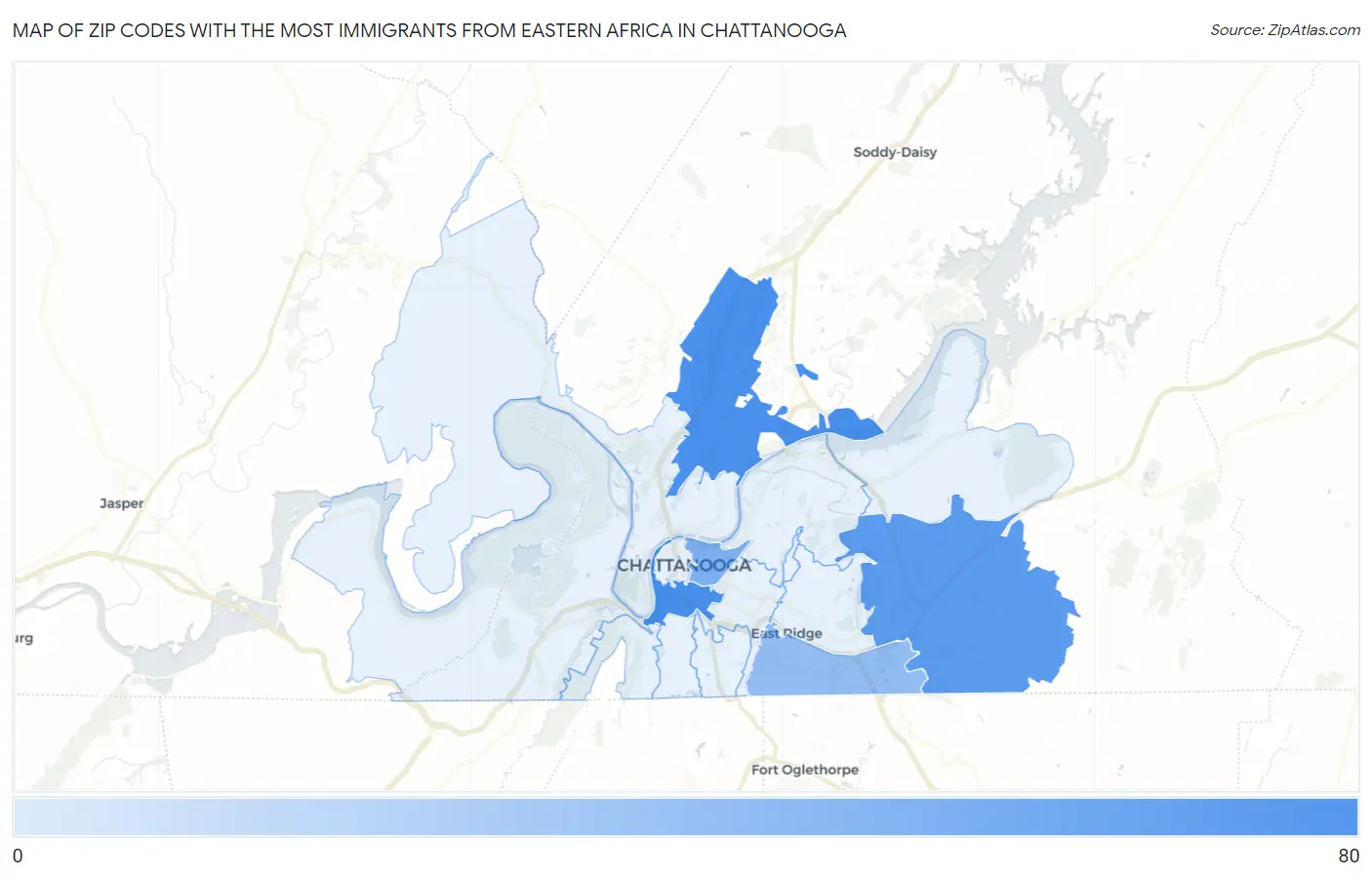 Zip Codes with the Most Immigrants from Eastern Africa in Chattanooga Map