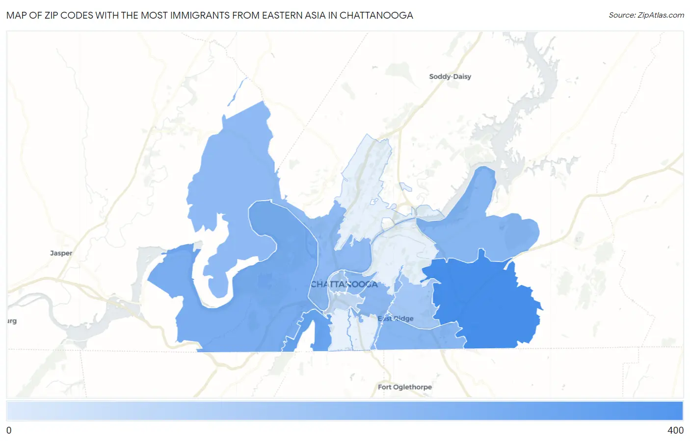 Zip Codes with the Most Immigrants from Eastern Asia in Chattanooga Map