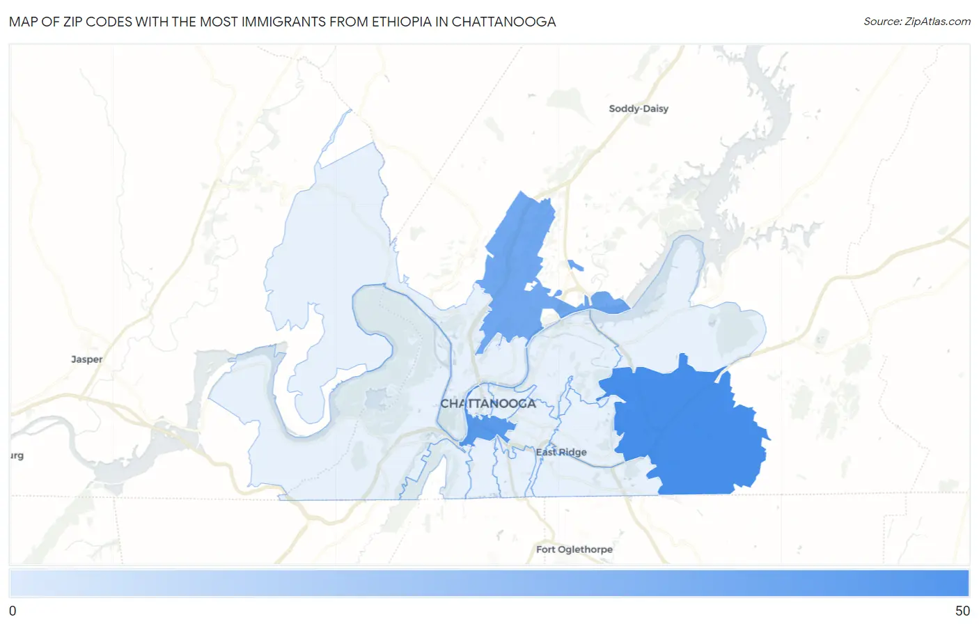 Zip Codes with the Most Immigrants from Ethiopia in Chattanooga Map