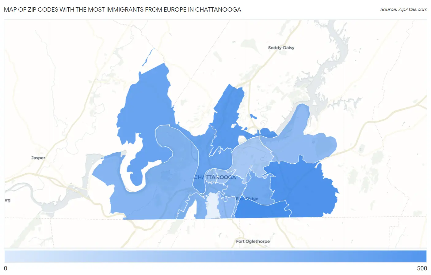 Zip Codes with the Most Immigrants from Europe in Chattanooga Map