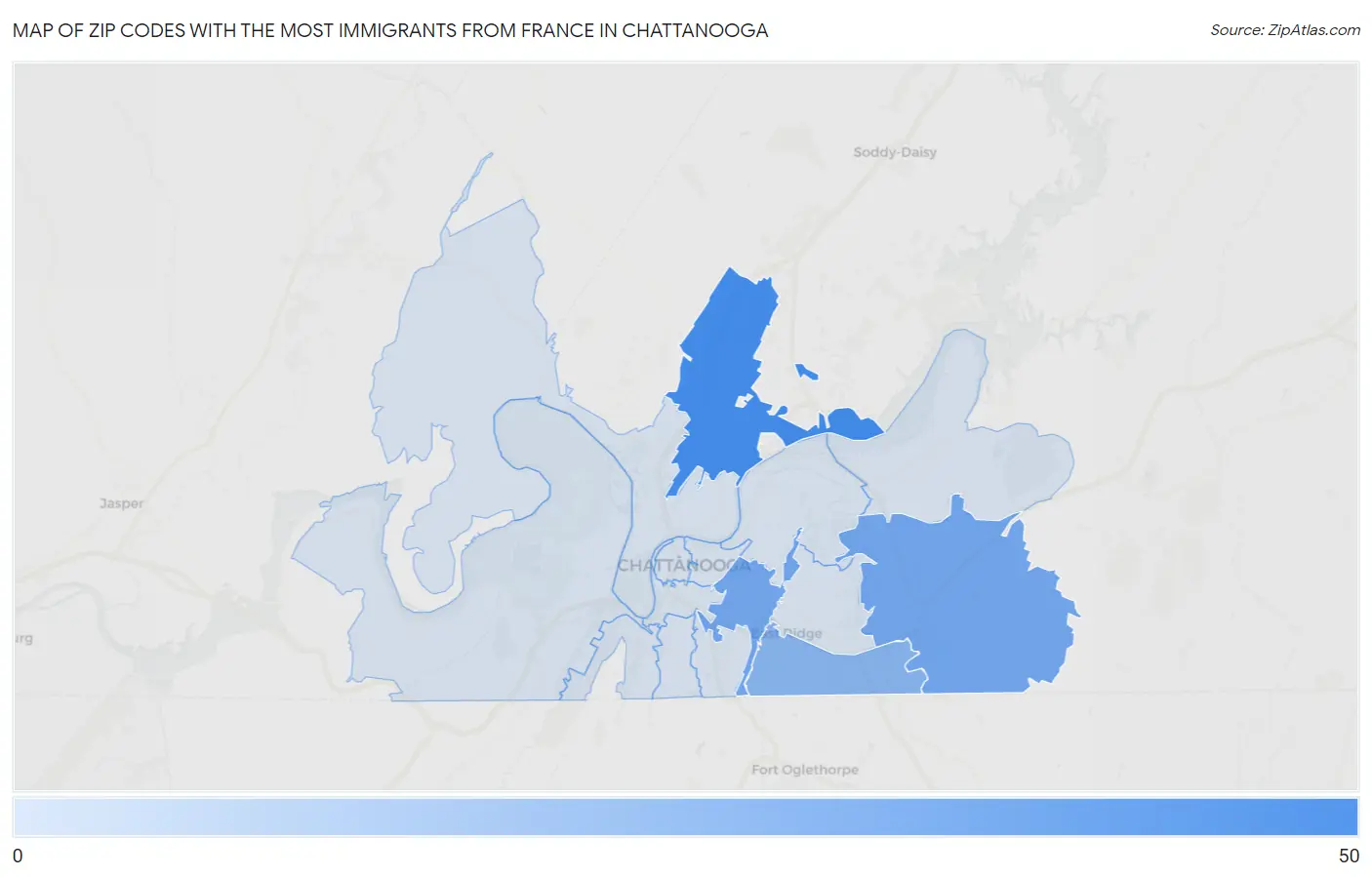 Zip Codes with the Most Immigrants from France in Chattanooga Map