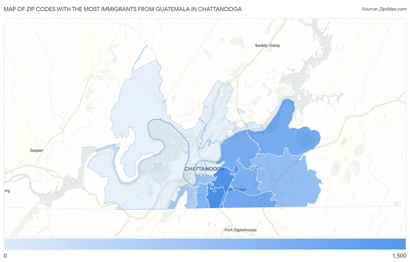 Zip Codes with the Most Immigrants from Guatemala in Chattanooga Map