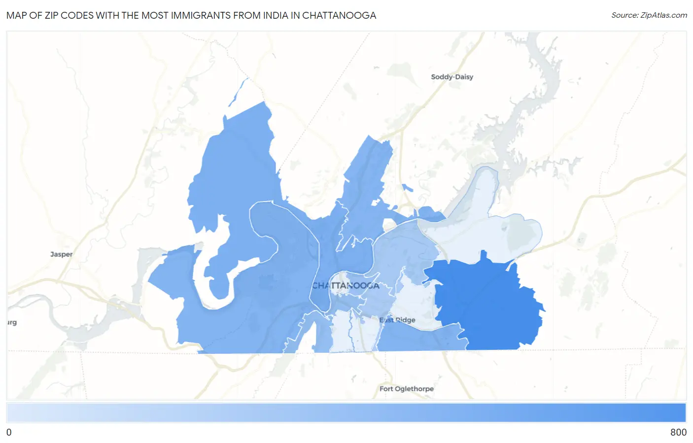 Zip Codes with the Most Immigrants from India in Chattanooga Map