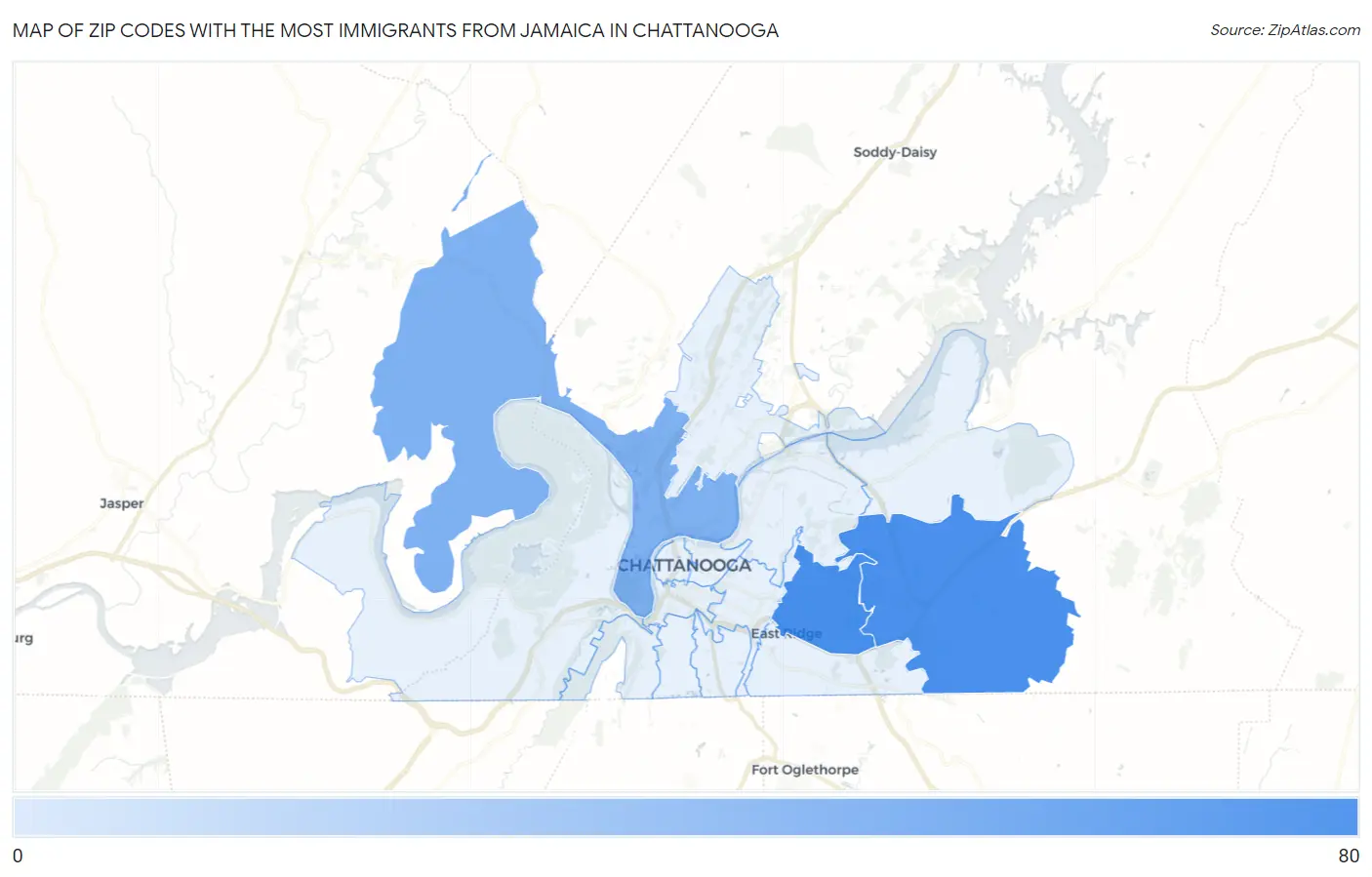 Zip Codes with the Most Immigrants from Jamaica in Chattanooga Map