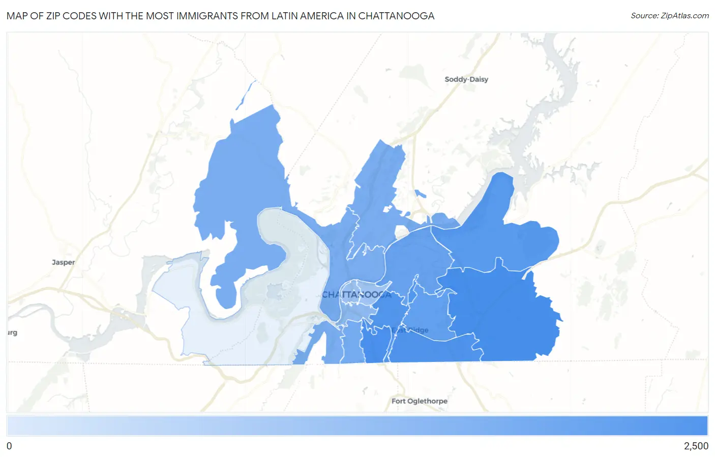 Zip Codes with the Most Immigrants from Latin America in Chattanooga Map