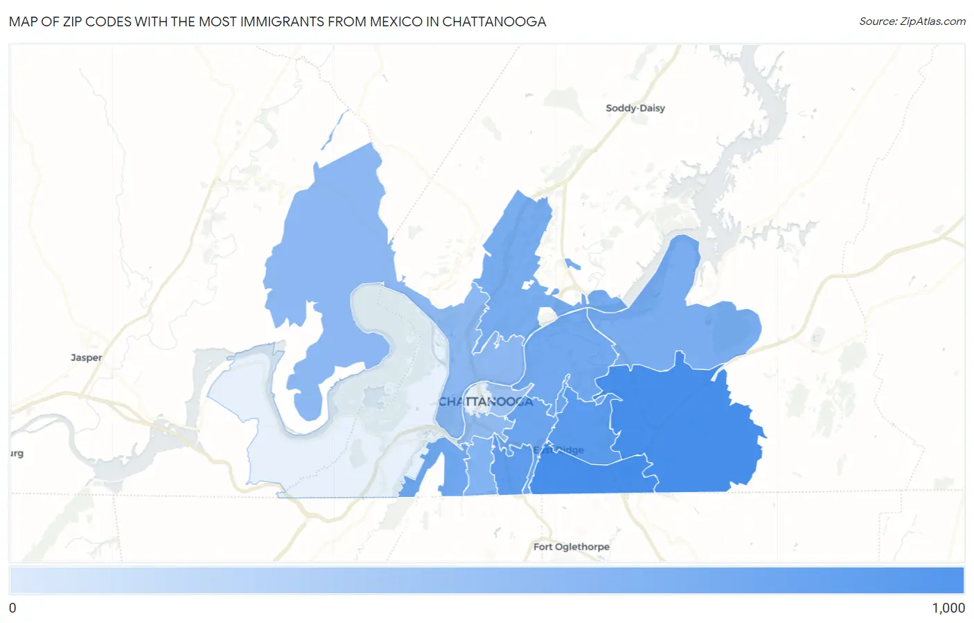 Zip Codes with the Most Immigrants from Mexico in Chattanooga Map