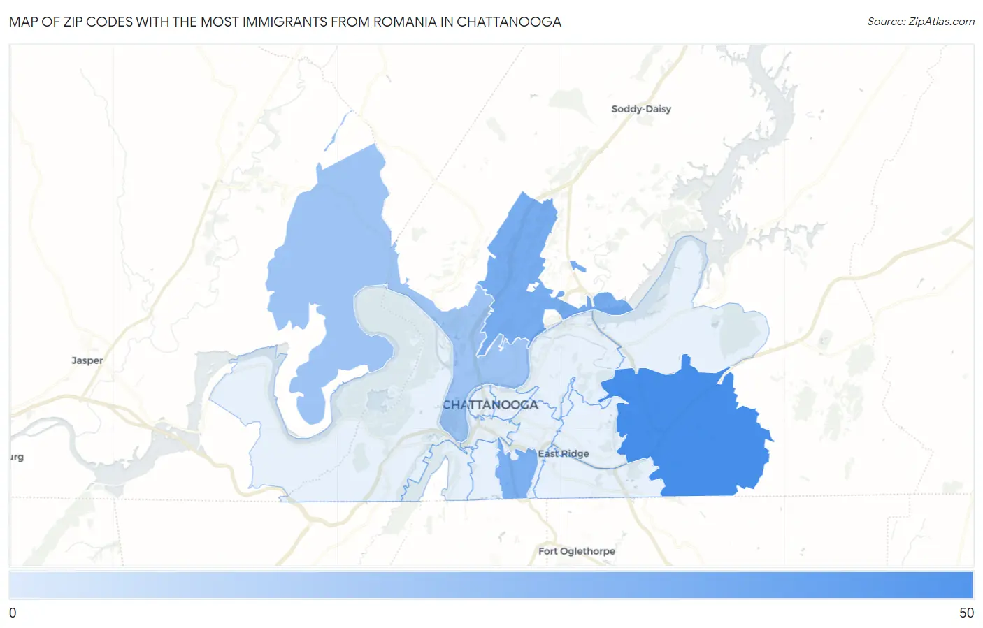 Zip Codes with the Most Immigrants from Romania in Chattanooga Map