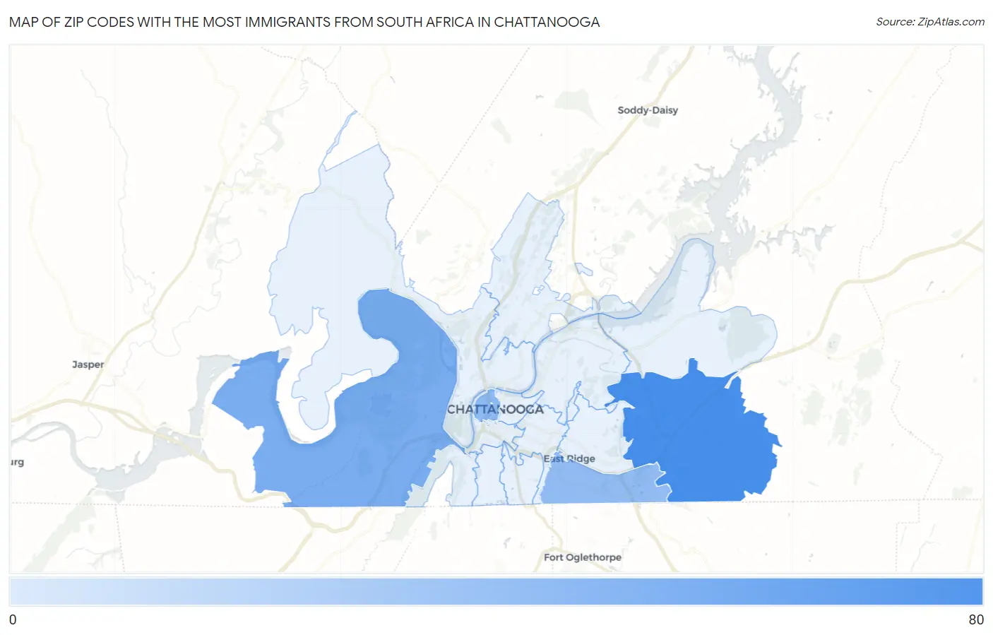 Zip Codes with the Most Immigrants from South Africa in Chattanooga Map